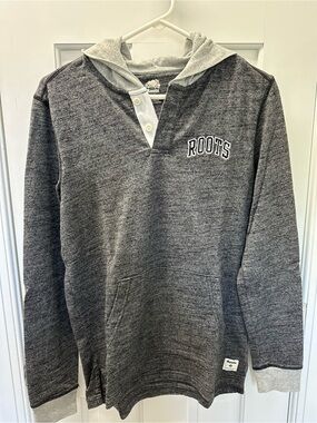 Roots Grey and White Hooded Pullover with Logo Print